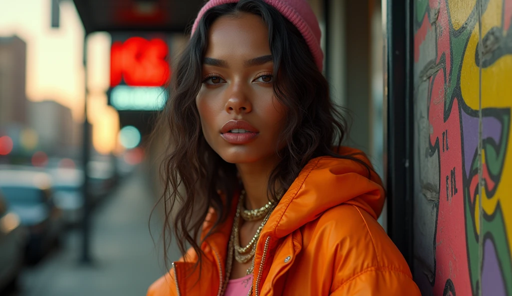 a woman in baggy sagging loose long clothes,hiphop,90s urban fashion,street style,westside,swaggering,detailed facial features,beautiful eyes,beautiful lips,long eyelashes,detailed skin,detailed clothing folds,photorealistic,8k,masterpiece,hyper detailed,realistic,warm lighting,cinematic,photographic,editorial