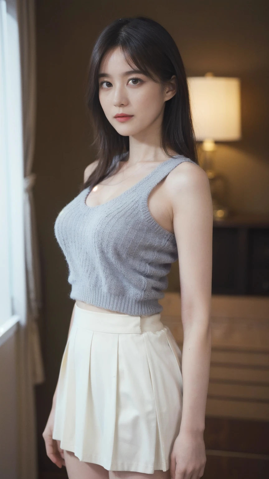 1girl, woman, masterpiece, best quality, highest quality, cinematic lighting, (volumetric lighting), extremely detailed CG unity 8k wallpaper, focused, 8k wallpaper, extremely detailed, ultra realistic, photorealistic, sharp focus, absurdres, (HDR:1.2), (high contrast), photograph, detailed and intricate, instagram, portrait, highly detailed, digital painting, artstation, concept art, smooth, sharp focus, illustration, cinematic lighting, (natural big breast), black short skirt, eyes looking at the viewer, ((medium shoulder)), (skinny legs), (slender body), (((height 163cm))), (HQ skin:1.4, Realistic human body structure), (medium body shot, hips level shot), (aerial shot photo), (wearing knit strap tank top, short skirt), (pale skin), big breast:1.5, cleavage, open shoulder, (show thighs)