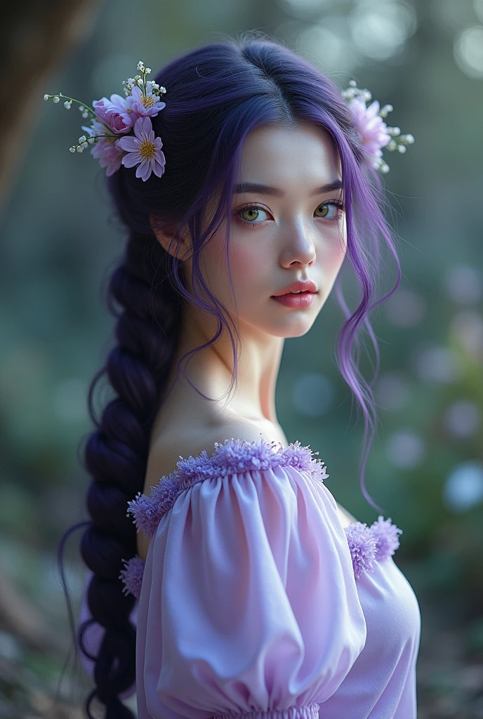 English woman,skin fair,sparkling green eyes,dark purple braided hair,flowers in the braid,light purple dress,cinema image,品質,full body images,detailed