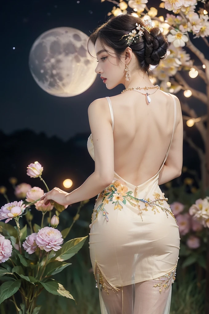 (((best quality))),(((ultra detailed))),(((masterpiece))),illustration,((1 girl,solo)),(neat chignon:1.2),(beautiful face:1.3),((earrings,crystal necklace)),((slim,thin)),((bare back,towering hips,butt crack)),(stockings:1.3),(a moon in the clear night sky as the background:1.3), gentle glow,(Standing in the world full of vibrant flowers:1.3),(gorgeous sheer Chinese dress:1.3),sparkling eyes,graceful,(surrounded by crowded colorful flowers:1.5), kaleidoscope, shimmer,bright moonlight, delicate petals, fragrance, otherworldly, magical realm, enchantment, tranquility, essence of beauty, peace,(outdoor:1.2),(night scene:1.3),((from back,upper body))