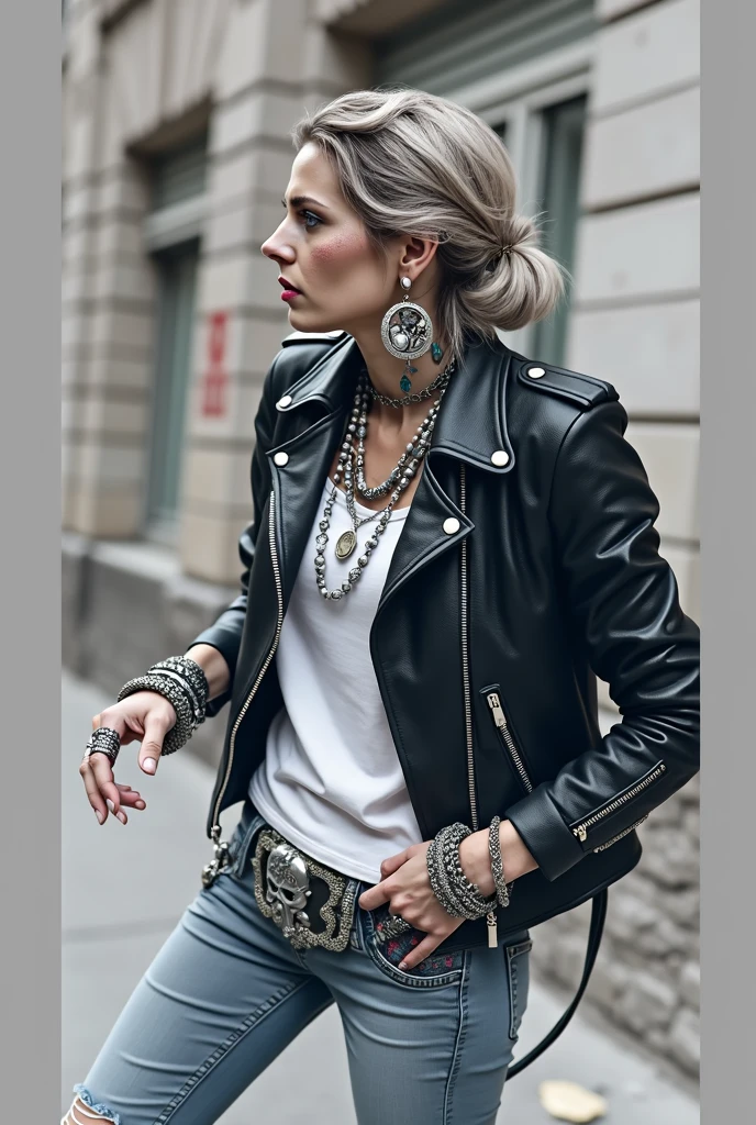 russian old milf woman, biker gang member, short grey combed back with a lot of hair gel, with very light blue eyes, extremely pale, heavy eye shadows. Thin. Sad, humbled face, smeared excessive make up and smeared excessive dark red lipstick Wearing cropped black moto jacket, neon pink leopard print bra, skinny black jeans and white tennis sneakers. Lots of metallic bracelets. Visible thong straps .Big pentacle pendant. Tacky wide belt with massive skull and bones buckle . Demonic tattoos, on belly too. Lots of rings and ethnic bracelets. Wide loop earrings. Looks at the camera with pouty expression. Toned abs, long neck, thin arms and legs. separated legs