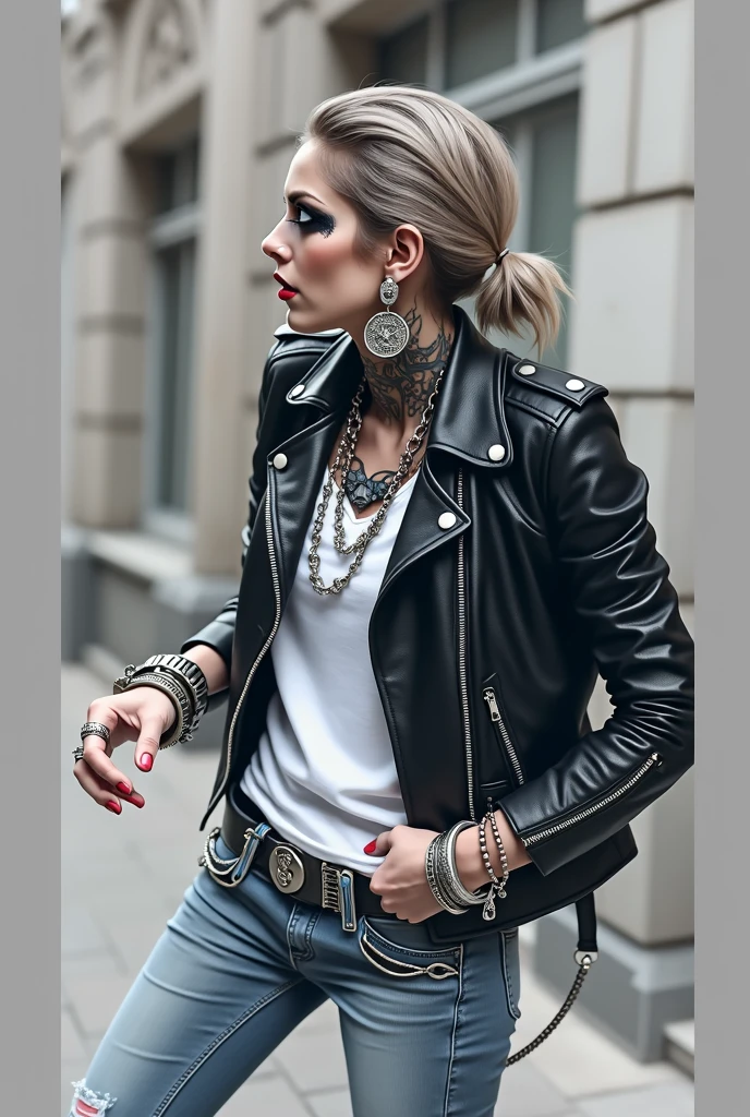 russian old milf woman, biker gang member, short grey combed back with a lot of hair gel, with very light blue eyes, extremely pale, heavy eye shadows. Thin. Sad, humbled face, smeared excessive make up and smeared excessive dark red lipstick Wearing cropped black moto jacket, neon pink leopard print bra, skinny black jeans and white tennis sneakers. Lots of metallic bracelets. Visible thong straps .Big pentacle pendant. Tacky wide belt with massive skull and bones buckle . Demonic tattoos, on belly too. Lots of rings and ethnic bracelets. Wide loop earrings. Looks at the camera with pouty expression. Toned abs, long neck, thin arms and legs. separated legs