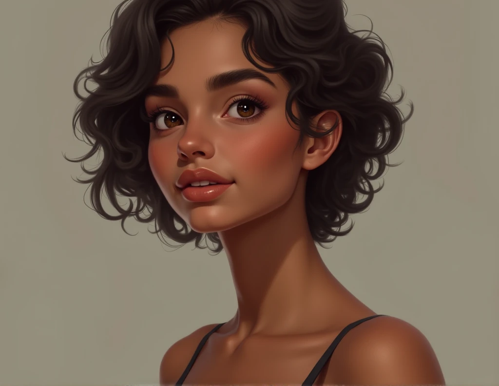 Realistic woman, brown skin, small bust