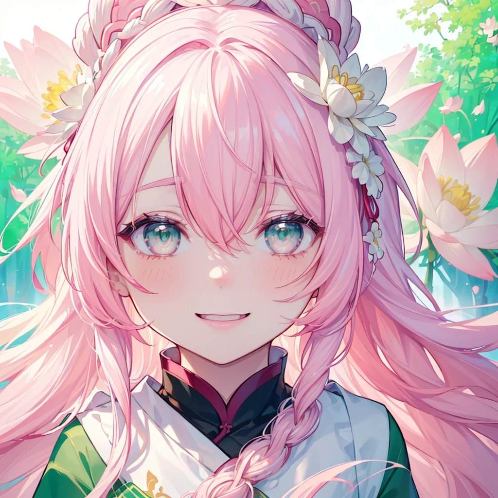 ((Genshin impact style lineart)) ((face portrait)), (masterpiece), (high quality), 1 girl, 16 years, female and curvy body, white skin, freckles, ((long, and wavy (((white-pink hair)), ((GREEN and bright eyes like de forest)), she has a cheerful, Very lively, happy, bright, kind and sweet expression, pink lips with a big smile, ((designs from East Asian, Game character costume design)), Chinese clothing style with a green and light pink color palette, chinese hair accessories, ((White background, chinese flowers, lotus, cute and colorful pink details)), ((portrait panting)), intricate details, lens flare,ultra high resolution,sharp focus,HD,8k,clear facial features,clear details,beautiful eyes,beautiful and cheerful face