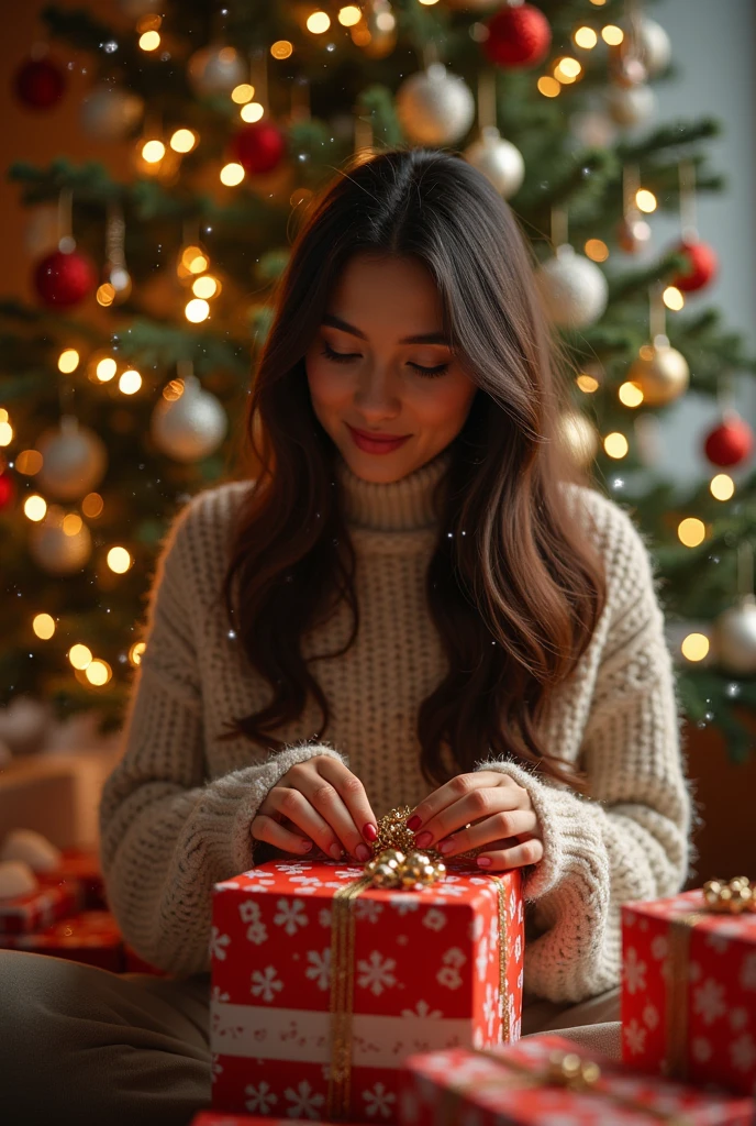 a girl of 20 years old opening gifts in front of a christmas tree, full body shot, wide angle, centered composition, snow falling, christmas lights, warm lighting, cozy atmosphere, detailed ornaments on tree, festive decor, realistic, photorealistic, photo-realistic:1.37, (best quality,8k,highres,masterpiece:1.2),ultra-detailed,extremely detailed environment,studio lighting,vivid colors,intricate details