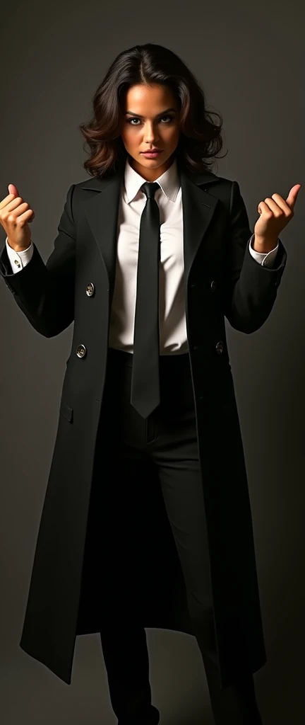 a tanned female, wide arms gesturing a long trench coat black suit, white shirt underneath, tie, aggressive, assertive, swagger attitude, photorealistic, 8k, hyper detailed, studio lighting, highly detailed face and eyes, intricate details, chiaroscuro lighting, dramatic lighting, moody atmosphere, cinematic, elegant