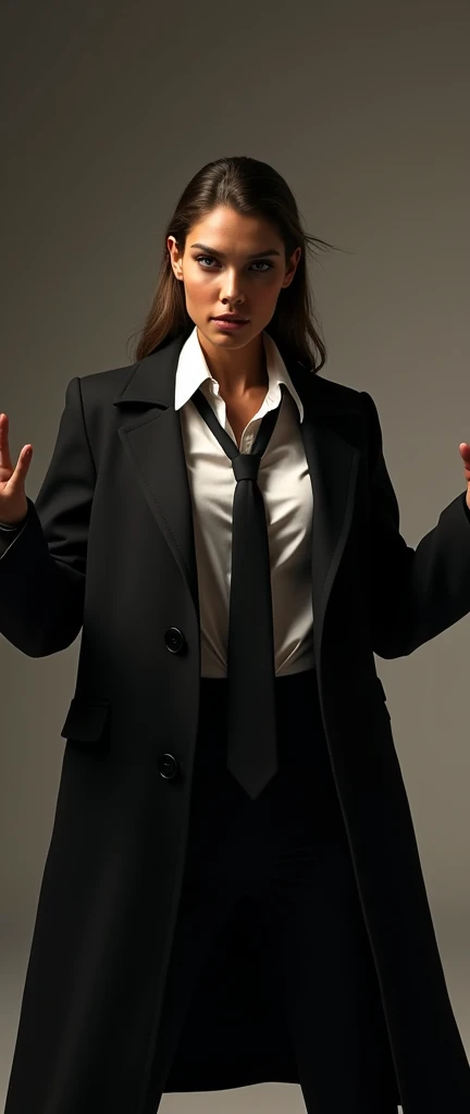 a tanned female, wide arms gesturing a long trench coat black suit, white shirt underneath, tie, aggressive, assertive, swagger attitude, photorealistic, 8k, hyper detailed, studio lighting, highly detailed face and eyes, intricate details, chiaroscuro lighting, dramatic lighting, moody atmosphere, cinematic, elegant 