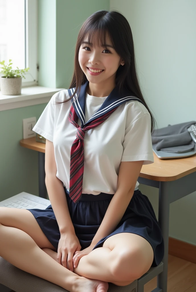 Beautiful Asian girl with straight hair　uniform　Sitting on a desk with her legs wide open　Show your crotch　Put your feet on the desk　Short skirt　smile