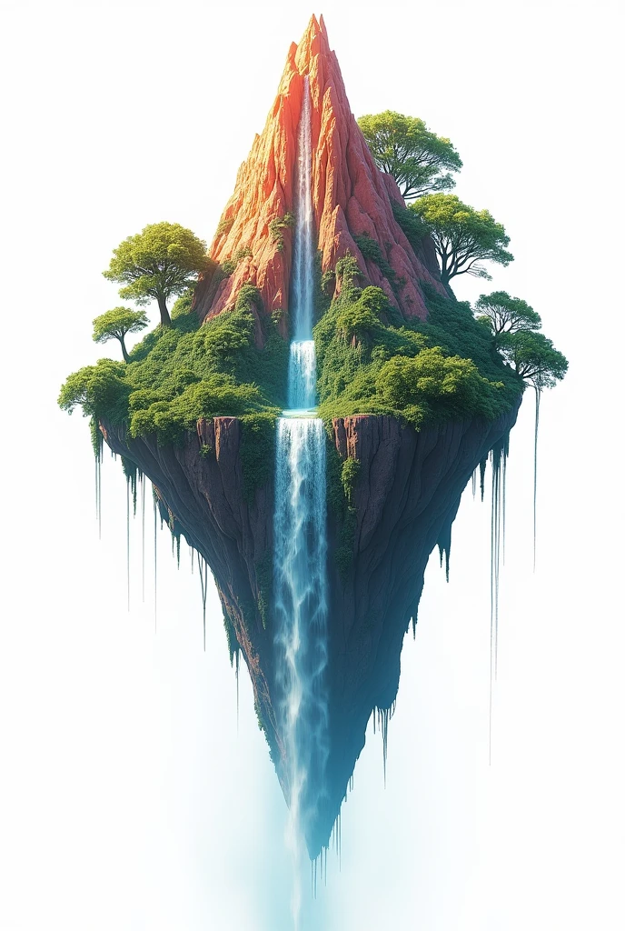 create image of a colorful geological flying mountain with waterfall and grass tree and with white background without mountain in the background