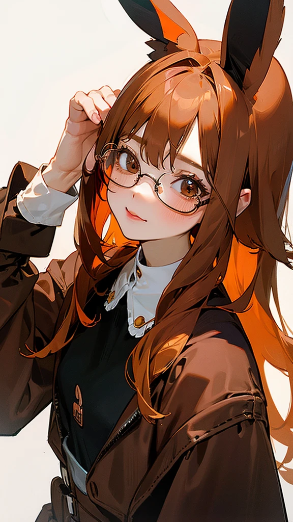 Adult girl with copper-orange hair with bunny ears, brown eyes and glasses.