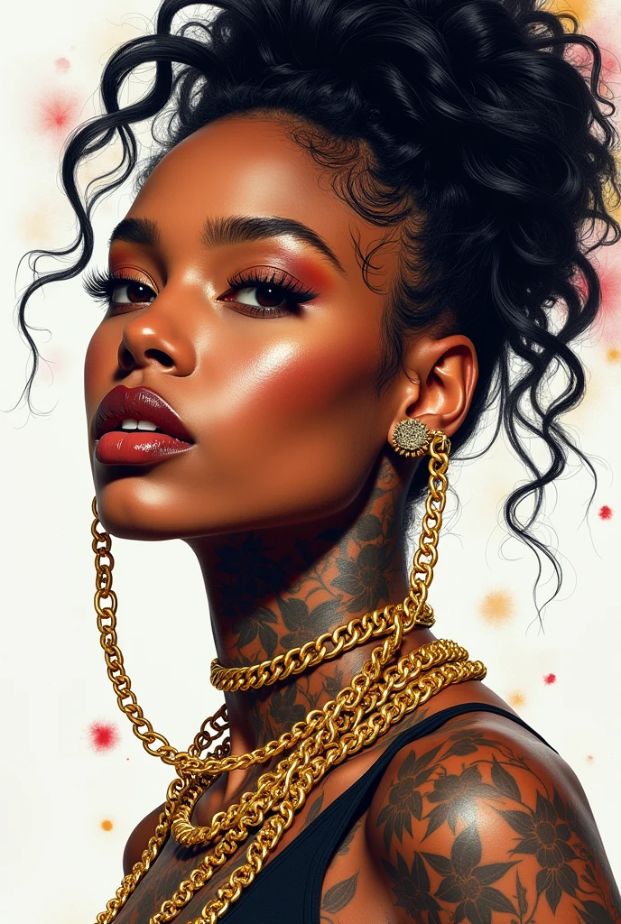 beautifull black woman, Pretty Face, wearing flashy gold Chains, Hip Hop, avant-garde, Ultra-detailed tattoo, Fantasy Art, Wallop Art, Intense watercolor, Watercolor Art, Watercolor splash, avant-garde波普艺术, rich and colorful, Surrealism, masterpiece, best quality, Official Art, Clear outline, Vector Art Background, author:Sandra Chevrier, Dave McKean、Richard Avedon、Luminous design