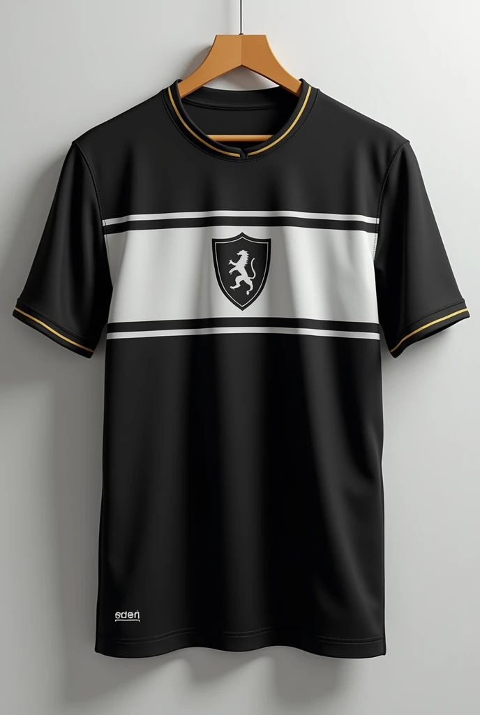 make me a football team shirt (for school games)

It has to be basic with predominant colors: secondary black: white with an emblem/chest shield without animals