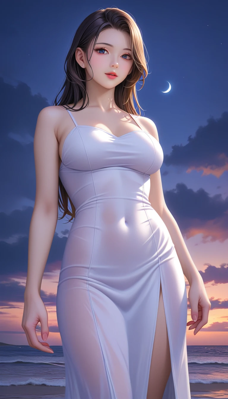 ((masterpiece)), ((best quality)), (ultra-detailed), ((extremely detailed)), 4K, (8K), best quality, (beautiful), a pretty woman, solo, (dark skin:0.8) ,beautiful light brown hair, light brown skin, beautiful green eyes, ((beautiful eyes)), triumphant look, smug look, self-satisfied look ,Masterpiece、White dress、Highest quality、brown Bunny ears、Tanned woman with big 、light brown hair color, forehead Long curlyWavy Hair、White shirt、Black Bra、Black panties、Hot spring inn、a bright moon shines over beautiful scenery of garden and river in night time, moon, architecture, tree, east asian architecture, full moon, scenery, night, cloud, sky、Lots of rabbits