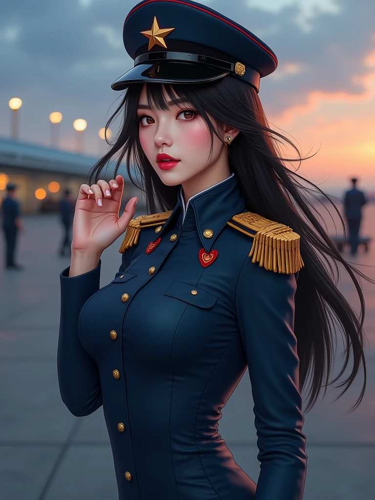(quality、超A high resolution、masterpiece:1.3), A photo of an extremely cute and beautiful Chinese female soldier, (cabelos preto e longos:1.2), , (Beautiful girl in detail:1.4), On the table, With bangs, Delicately moisturizes eyes, ctextured skin, Best quality at best, illustratio, ultra - detailed, finely detailled, A high resolution, 8k, the wallpaper, Perfect dynamic composition, Beautiful and delicate eyes, natural lips, , Chopping, casual sexy pose,(Detailed dark blue army cap，engraved red star：1.3) (Detailed dark blue tight uniform，Has gold shoulder and collar badges:1.3), ,(Detail of tight dark blue trousers，With pockets:1.3),(Detailed black high heels：1.3) Airport at dusk, People working on the airport runway。