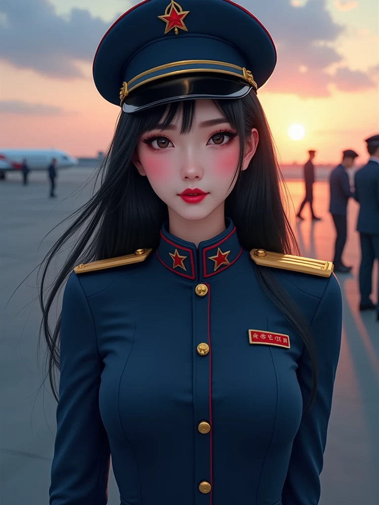 (quality、超A high resolution、masterpiece:1.3), A photo of an extremely cute and beautiful Chinese female soldier, (cabelos preto e longos:1.2), , (Beautiful girl in detail:1.4), On the table, With bangs, Delicately moisturizes eyes, ctextured skin, Best quality at best, illustratio, ultra - detailed, finely detailled, A high resolution, 8k, the wallpaper, Perfect dynamic composition, Beautiful and delicate eyes, natural lips, , Chopping, casual sexy pose,(Detailed dark blue army cap,engraved red star:1.3) (Detailed dark blue tight uniform,Has gold shoulder and collar badges:1.3), ,(Detail of tight dark blue trousers,With pockets:1.3),(Detailed black high heels:1.3) Airport at dusk, People working on the airport runway。