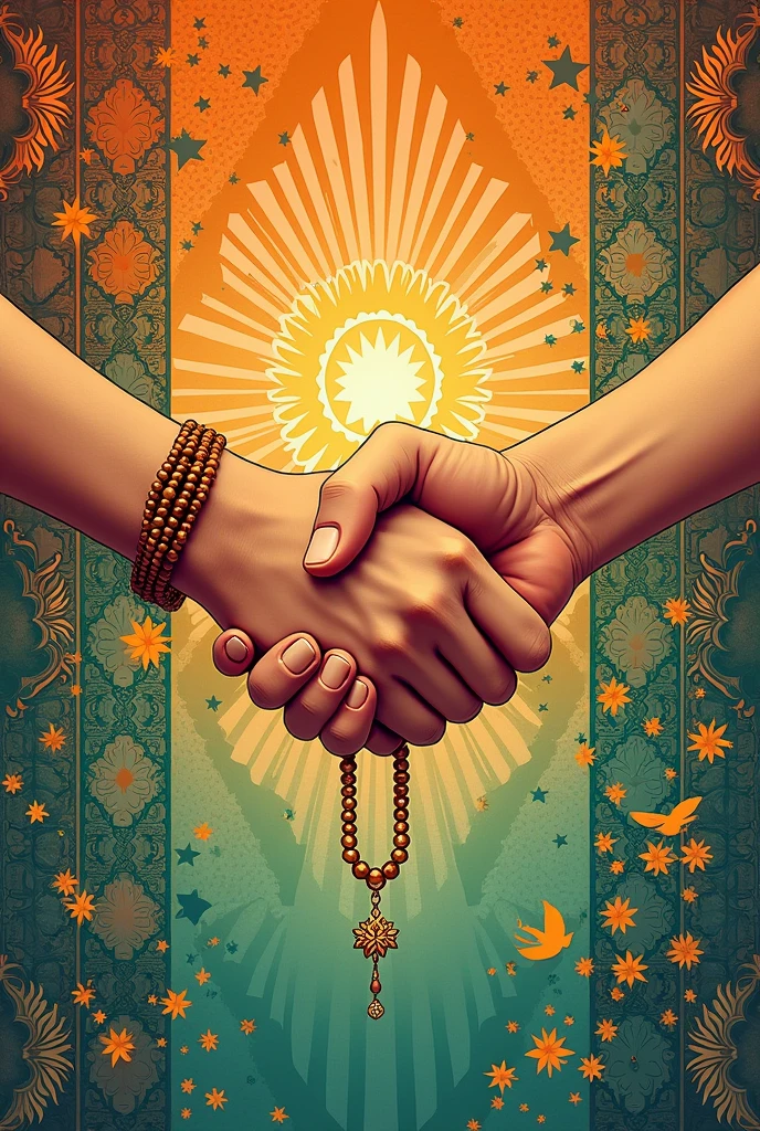 ## Poster Design for Hindu-Muslim Unity

**Visuals:**

* Centered image: Two hands shaking, one with a Hindu rudraksha bracelet and the other with a Muslim prayer beads bracelet.
* Background: A collage of vibrant colors and patterns representing Hindu and Muslim art and architecture (e.g., rangoli designs, mosque mosaics).

**Text:**

 Hindu & Muslim, Together We Thrive (in a clear, readable font)

**Color Scheme:**

* Use colors that represent both religions (e.g., saffron, green, white)
* Opt for bright and harmonious tones

**Additional Ideas:**

* You can add symbols of peace like a dove or an olive branch