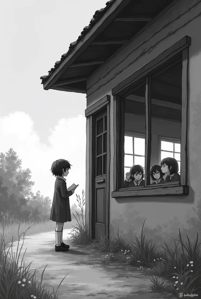A black and white image of a simple rural area, she is outside a rural school, With a notebook in his hand, she is at the school window looking at the other children in class, but you can't enter, stay outside with the notebook following you