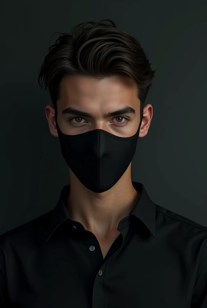 Create a ultra realistic picture where a attractive teen boy in a black shirt with a face mask he looks ahead. The background feature is cyber style black wall. There should not be his shadow, and will be so handsome,smart and sexy 