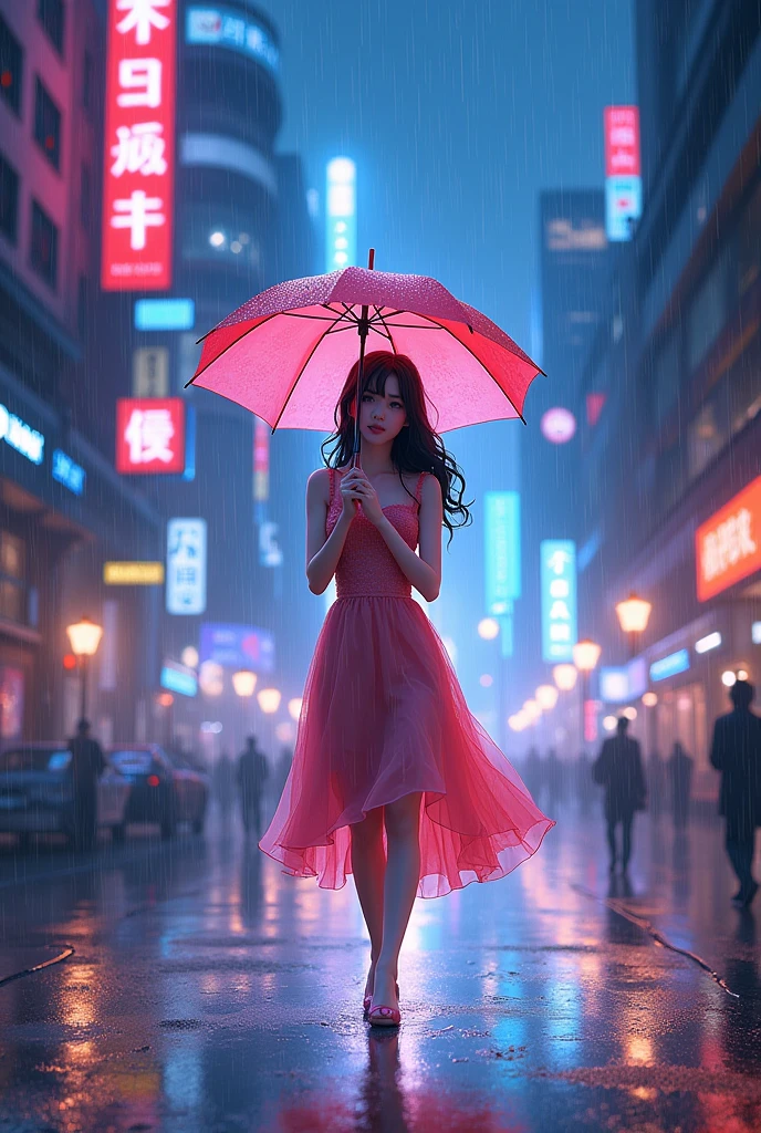 Anime rain unbrella neon city the beautiful girl is walking towards the back