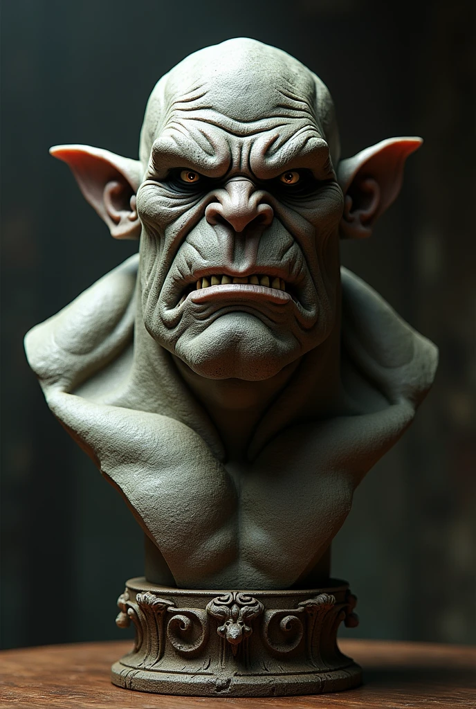 a stone bust sculpture of an orc with a pedestal, detailed facial features, intricate textures, dramatic lighting, gritty realism, chiaroscuro shading, muted earthy tones, cinematic composition, muscular powerful figure, menacing expression, stone carved surface details, ornate pedestal design, masterpiece, ultra-detailed, award-winning digital art