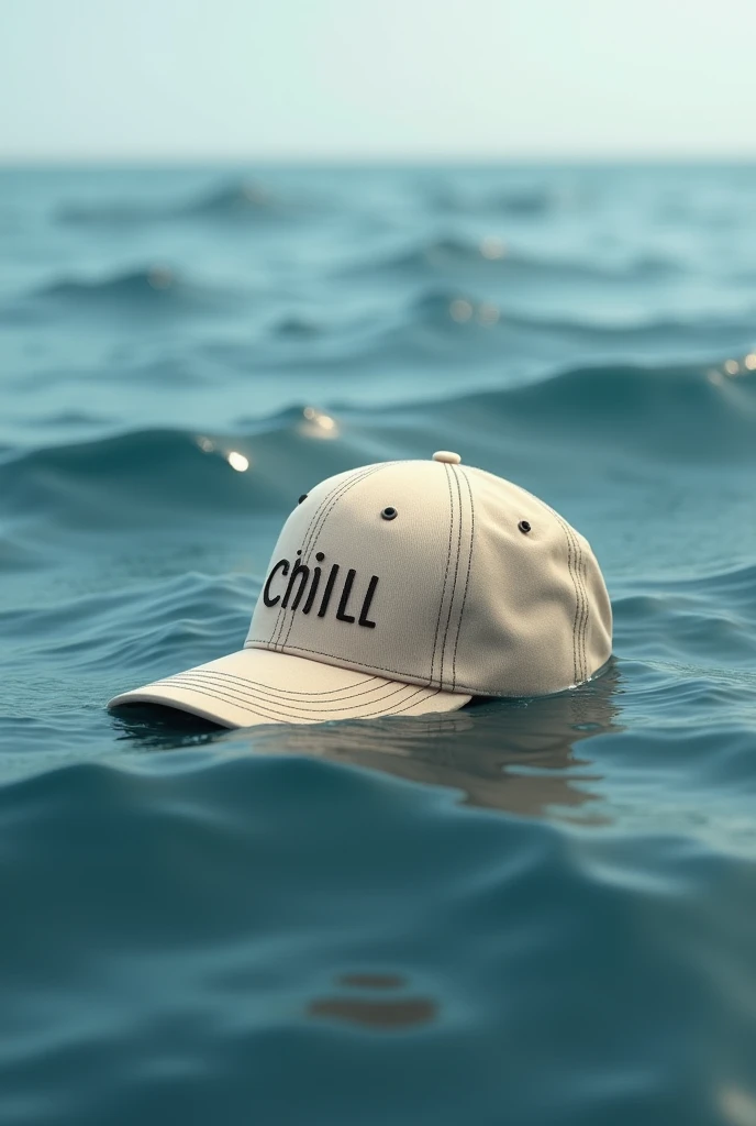 a beige baseball hat wrote "chill" faraway in the ocean floating in the waves 