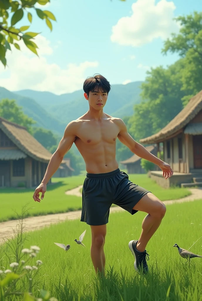 I am man slim body in black hair Korean Exercising in the fields In village realistic
