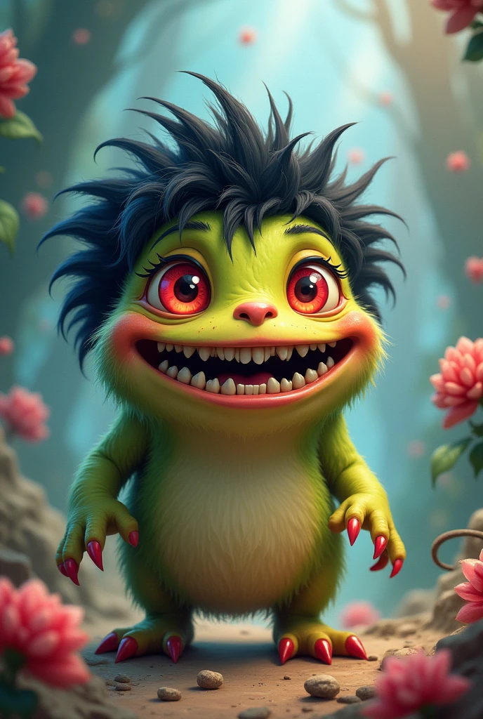 A cute monster with red eyes, blue teeth, and black hair.