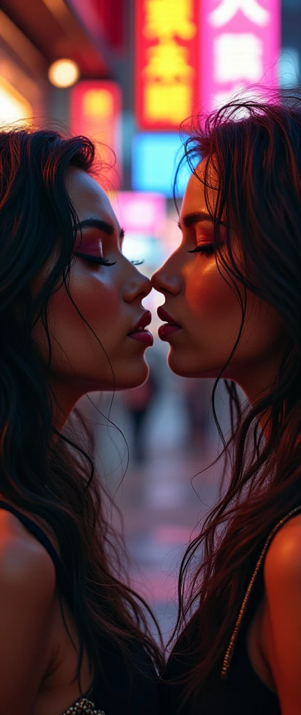 a beatbox battle between 2 beautiful women, detailed facial features, detailed skin, detailed clothing, dynamic poses, intense expressions, urban city background, neon lights, cinematic lighting, vibrant colors, high contrast, gritty, street art style, hyper realistic, 8k, best quality, masterpiece