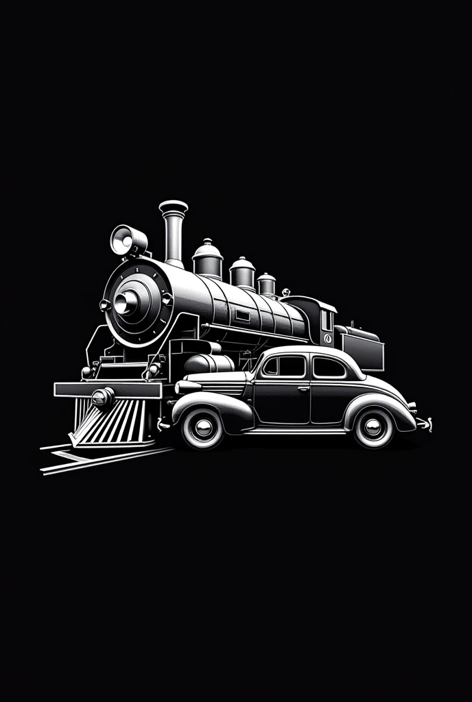 Logo with white images of a steam train and a classic 1946 car on a black background