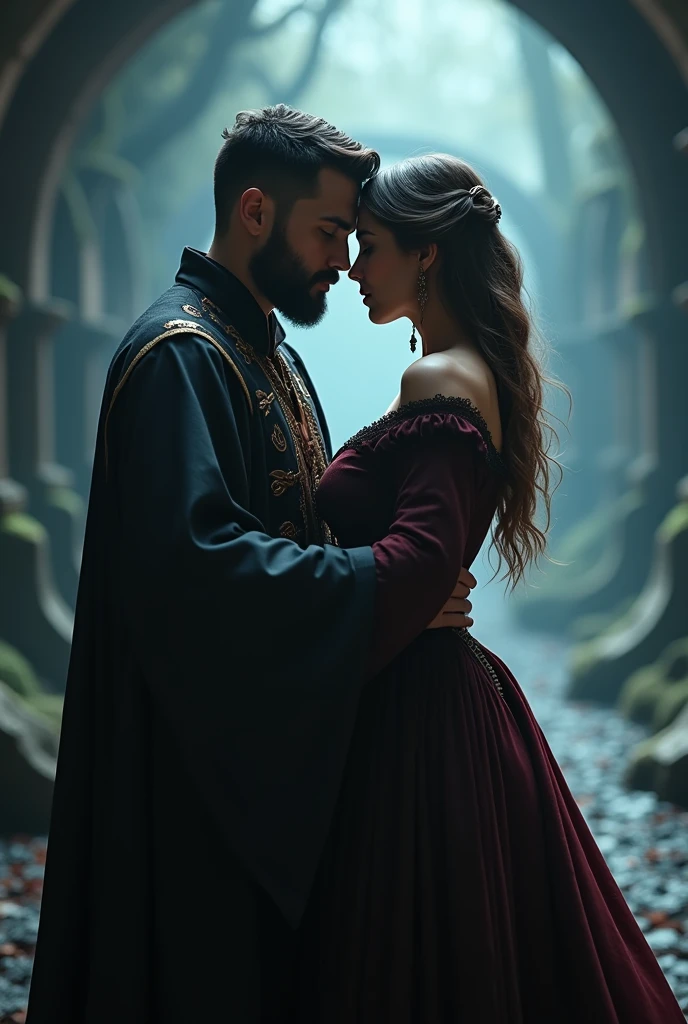 a wizard couple, a man with a medium beard, e cabelo bem curtinho, a woman with a beautiful body and a large buttocks, highly detailed, 8k, ultra realistic, photorealistic, cinematic lighting, romantic fantasy, dark moody atmosphere, dramatic lighting, volumetric lighting, depth of field, hyper detailed, award winning art, intricate details, masterpiece, exquisite, elegant, beautiful