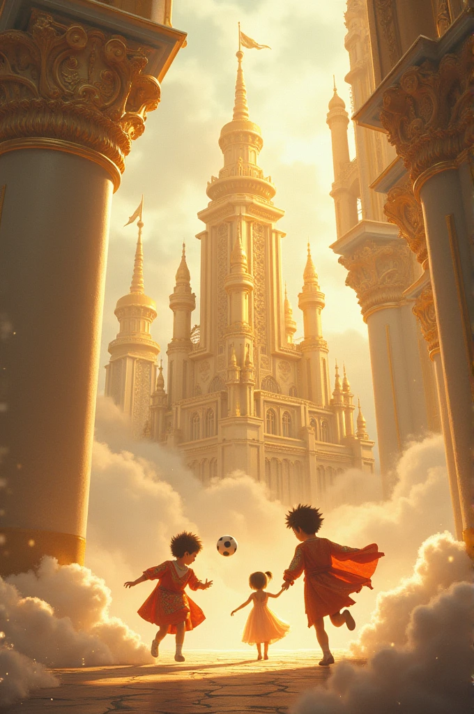 Un royaume celeste en or dans les nuages avec 2 petits garçons et une joueant au football