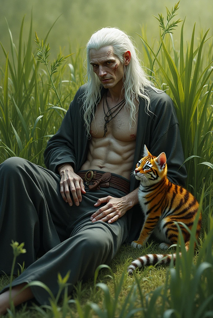 Male necromancer scarred skinny white long hair resting in high grass with tiger kitten