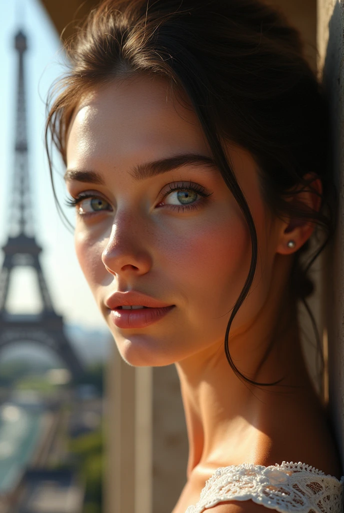 (photorealism:1.2), beautiful woman, lighting, Eiffel tower in background,