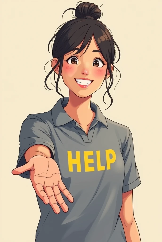 A person extending his hand as if to help the screen with a soft smile on his face and engaging and caring being ready to help, with a gray polo shirt with help written in yellow, in manga genre