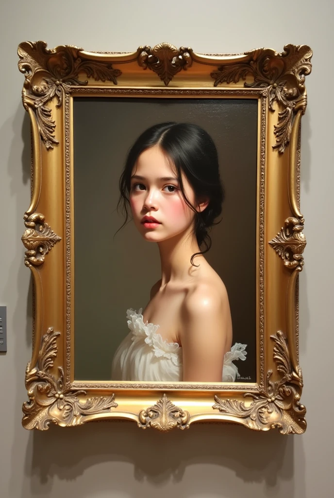 A beautiful gold frame with a painting of a girl in it is on the wall in the museum.