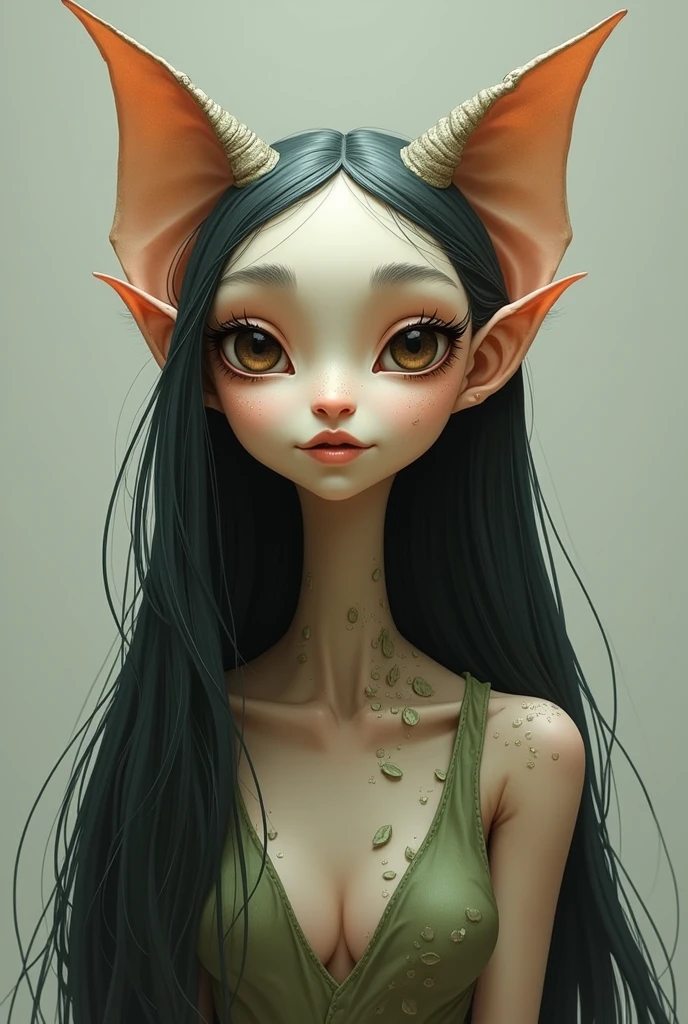 person with Earth type face, Lotus eye, medium mouth size, fine silky straight long hair, forehead with downward pointed hair line, wide forehead, normal low set brow bones, High eyebrows, eyebrows with tails pointed upwards, widely set eyebrows, eyebrows thick at start, long thick eyelashes, perfectly spaced eyes, dark brown eyes, shiny eyes, big eyes, tip of ears higher than eyebrows, upper portion of ears is pressed inside horizontally, large ears, round and big ear tips, ears with big holes, long earlobes, naked ,pointy sharp fangs, fangs, small cute nipples