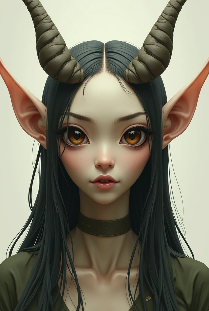 person with Earth type face, Lotus eye, medium mouth size, fine silky straight long hair, forehead with downward pointed hair line, wide forehead, normal low set brow bones, High eyebrows, eyebrows with tails pointed upwards, widely set eyebrows, eyebrows thick at start, long thick eyelashes, perfectly spaced eyes, dark brown eyes, shiny eyes, big eyes, tip of ears higher than eyebrows, upper portion of ears is pressed inside horizontally, large ears, round and big ear tips, ears with big holes, long earlobes, naked ,pointy sharp fangs, fangs, small cute nipples