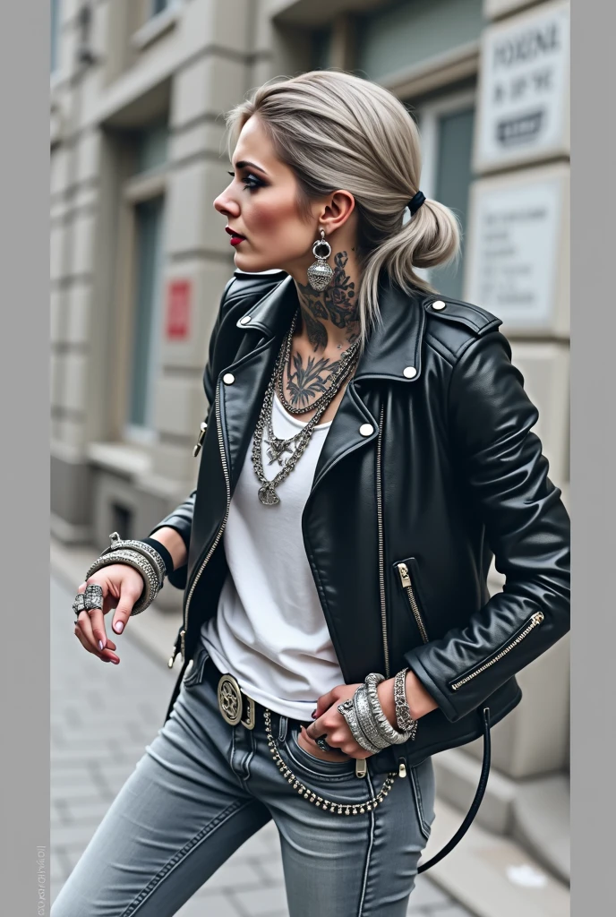 russian old milf woman, biker gang member, short grey combed back with a lot of hair gel, with very light blue eyes, extremely pale, heavy eye shadows. Thin. Sad, humbled face, smeared excessive make up and smeared excessive dark red lipstick Wearing cropped black moto jacket, neon pink leopard print bra, skinny black jeans and white tennis sneakers. Lots of metallic bracelets. Visible thong straps .Big pentacle pendant. Tacky wide belt with massive skull and bones buckle . Demonic tattoos, on belly too. Lots of rings and ethnic bracelets. Wide loop earrings. Looks at the camera with pouty expression. Toned abs, long neck, thin arms and legs. separated legs