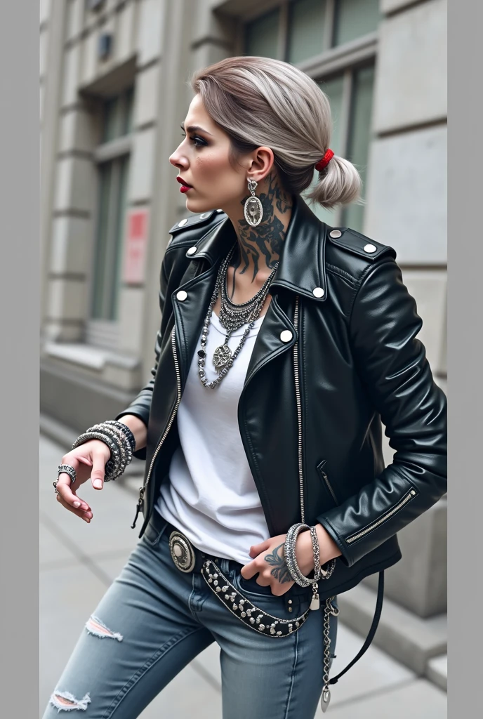 russian old milf woman, biker gang member, short grey combed back with a lot of hair gel, with very light blue eyes, extremely pale, heavy eye shadows. Thin. Sad, humbled face, smeared excessive make up and smeared excessive dark red lipstick Wearing cropped black moto jacket, neon pink leopard print bra, skinny black jeans and white tennis sneakers. Lots of metallic bracelets. Visible thong straps .Big pentacle pendant. Tacky wide belt with massive skull and bones buckle . Demonic tattoos, on belly too. Lots of rings and ethnic bracelets. Wide loop earrings. Looks at the camera with pouty expression. Toned abs, long neck, thin arms and legs. separated legs