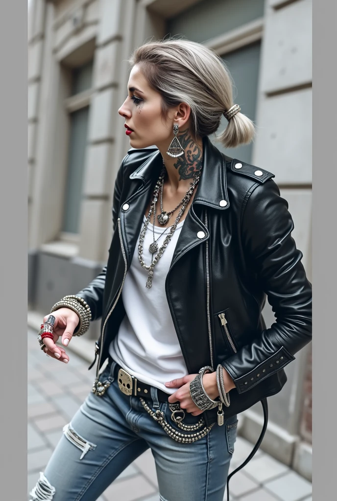 russian old milf woman, biker gang member, short grey combed back with a lot of hair gel, with very light blue eyes, extremely pale, heavy eye shadows. Thin. Sad, humbled face, smeared excessive make up and smeared excessive dark red lipstick Wearing cropped black moto jacket, neon pink leopard print bra, skinny black jeans and white tennis sneakers. Lots of metallic bracelets. Visible thong straps .Big pentacle pendant. Tacky wide belt with massive skull and bones buckle . Demonic tattoos, on belly too. Lots of rings and ethnic bracelets. Wide loop earrings. Looks at the camera with pouty expression. Toned abs, long neck, thin arms and legs. separated legs