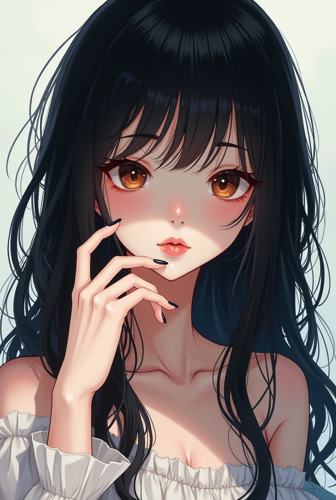 Spawns a white skinned girl, with wavy black hair, that measures 1.62, that has brown eyes, hands with long fingers, anime style
