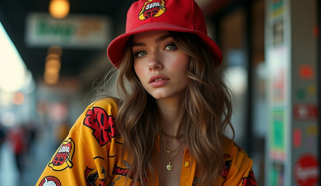 a woman in baggy sagging loose long clothes,bape stussy supreme, hiphop,90s urban fashion,street style,westside,swaggering,detailed facial features,beautiful eyes,beautiful lips,long eyelashes,detailed skin,detailed clothing folds,photorealistic,8k,masterpiece,hyper detailed,realistic,warm lighting,cinematic,photographic,editorial