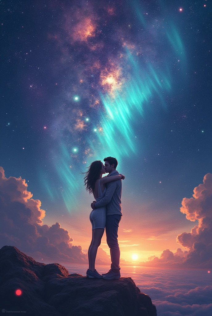 Two translucent human silhouettes embracing each other, Nebulae and aurora flickering