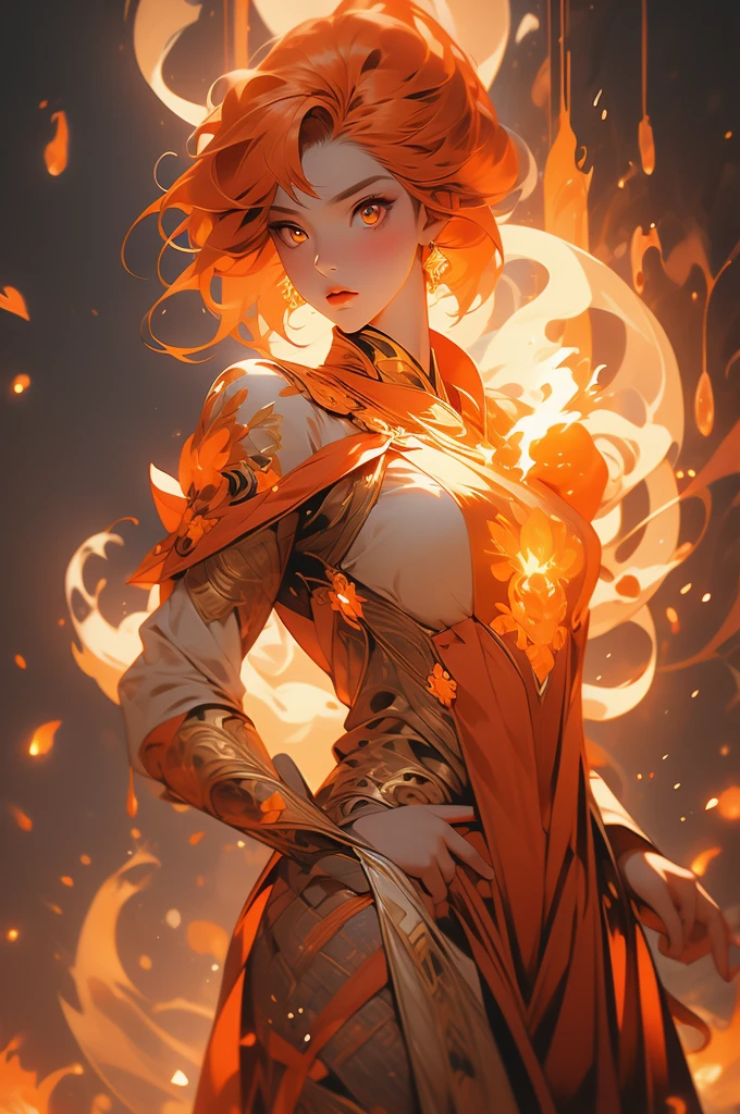 1girl, fire elemental, orange skin, orange hair, orange eyes, voluptuous