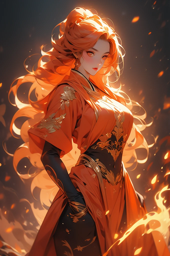1girl, fire elemental, orange skin, orange hair, orange eyes, voluptuous