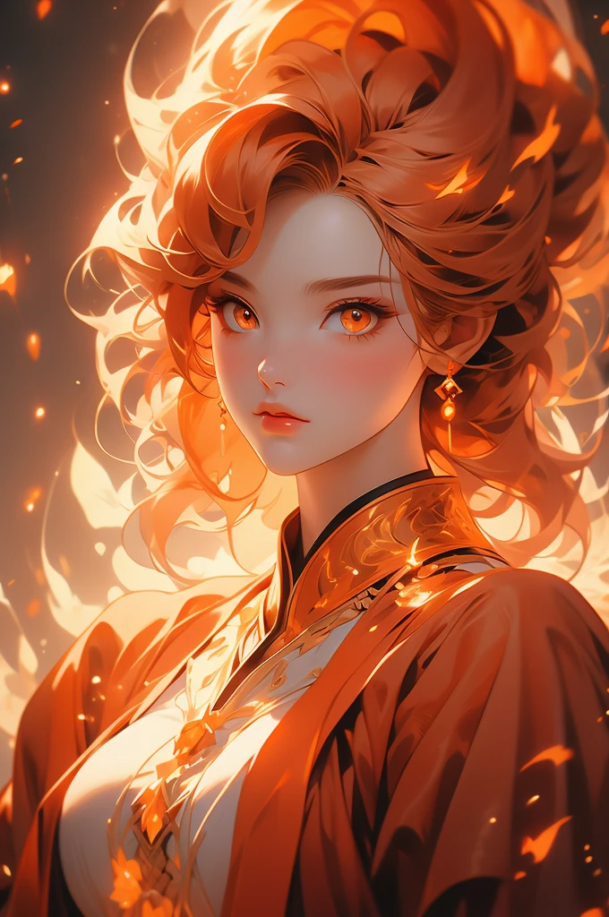 1girl, fire elemental, orange skin, orange hair, orange eyes, voluptuous
