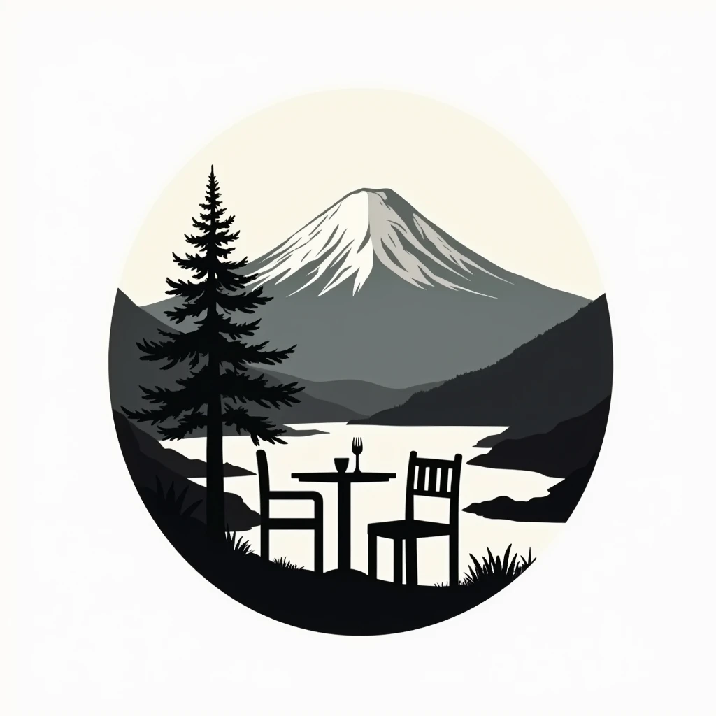 
Logo of a restaurant rich in nature and deep in the mountains

 Restaurant logo with a view of Mt. Fuji

 Circle-shaped logo marks,

 A logo that shows that it is a delicious restaurant

 a restaurant rich in nature

 A stylish, small knife and fork on the terrace table, polite,

 a small pine tree

 attract tourists

 chic



 Mt. Fuji is painted with only silhouette, pop and border only

 Logos are pop, stylish and silhouette-only logo marks

 White background
 Black and white two-tone coloring design
 achromatic design

 elegant design

 Italian and Japanese restaurants

 Match between Japanese and I, harmony


 Pretty cool
 Stylish design
 chic and modern design