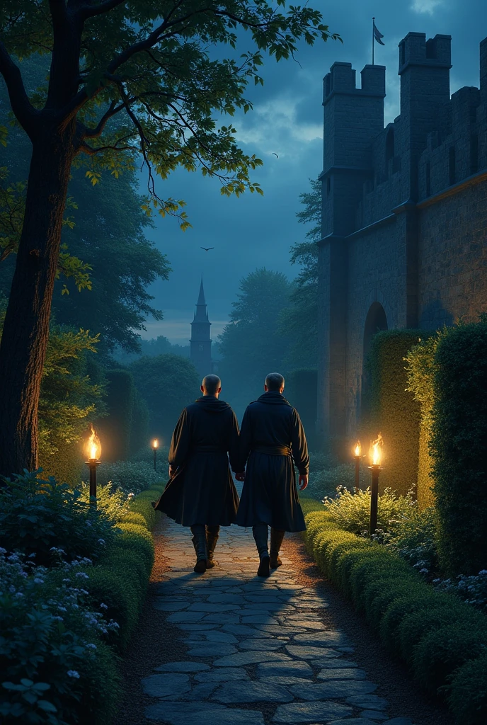 Two men walking in medieval times at night in a garden