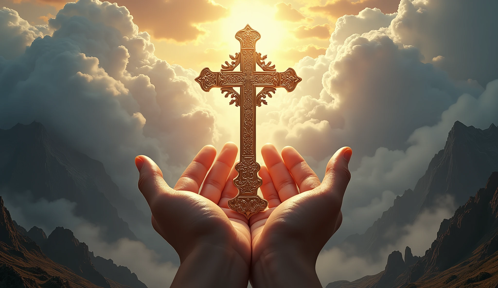 (photorealism:1.2), hands holding a christian cross with light, huge cloud, standing in midle of mountaint