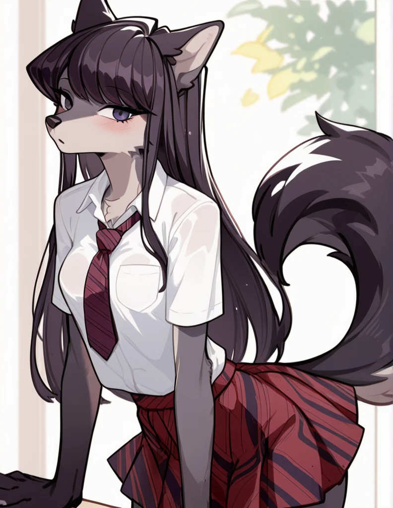 score_9,score_8_up,score_7_up, source_anime, source_furry, Anthro furry wolf girl, Komi Shouko, she is an Anthro furry black wolf, black furry body, wolf snout, black nose, tall and skinny, small breasts, wearing , at a Japanese school,